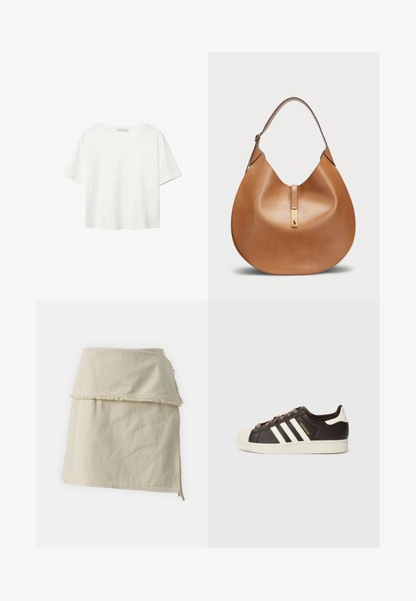 Bijela majica kratkih rukava od pamuka. Ima okrugli izrez i opušteni kroj. Glatka tekstura bez vidljivih uzoraka ili naglasaka.; Bež suknja s preklopom od pamuka, s slojevitom dizajnom, izbrisanom rubom i bočnim vezicama za prilagodljivo podešavanje. Cijela površina je glatka.; Niska Adidas Superstar tenisica od tamnobraon kože s krem školjkastim vrhom, bijelim prugama i natpisom "Superstar" sa strane.; Torbica od svjetlosmeđeg kože s zakrivljenim oblikom i širokim remenom za rame. Ima zlatni metalni detalj u središtu i glatku teksturu.
