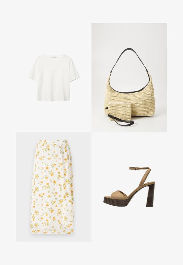 Valkoinen lyhythihainen T-paita, joka on tehty puuvillasta. Siinä on pyöreä kaula-aukko ja rento malli. Silkkinen pinta ilman näkyviä kuvioita tai koristeita.; Kukallinen pitkä hame kevyestä kankaasta, valkoinen pohja, jossa on hajallaan oransseja ja vihreitä kukkia, joustava vyötärö, virtaava muotoilu.; Beige-nahkareunaiset korkokengät, joissa on leveä etuolka ja ankle strap, varustettu paksulla puukengän korolla, jossa on tekstuuripinta.; Kudottu olkikassi kaarevalla siluetilla, jossa on sileä musta nahkaremmi ja siihen kiinnitetty yhteensopiva pieni pussukka rannekahvalla.