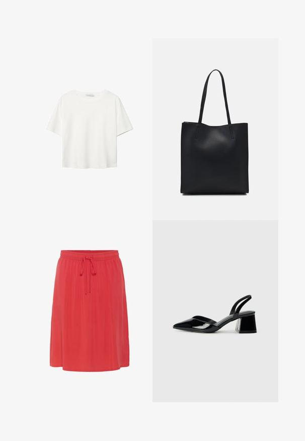 Weißes T-Shirt mit kurzen Ärmeln aus Baumwolle. Hat einen Rundhalsausschnitt und eine lockere Passform. Glatte Textur ohne sichtbare Muster oder Akzente.; Knielanger, korallenfarbener Rock mit einer weichen, fließenden Textur. Verfügt über einen elastischen Bund mit Kordelzug für eine verstellbare Passform.; Schwarze Lackleder-Slingback-High Heels mit spitzem Schuh und einem geometrischen Blockabsatz. Verfügt über ein schlankes, minimalistisches Design und eine glatte Textur.; Schwarze Laptoptasche aus Leder mit glatter Textur, rechteckiger Form und zwei langen Griffen. Keine sichtbaren Beschläge oder Verzierungen.