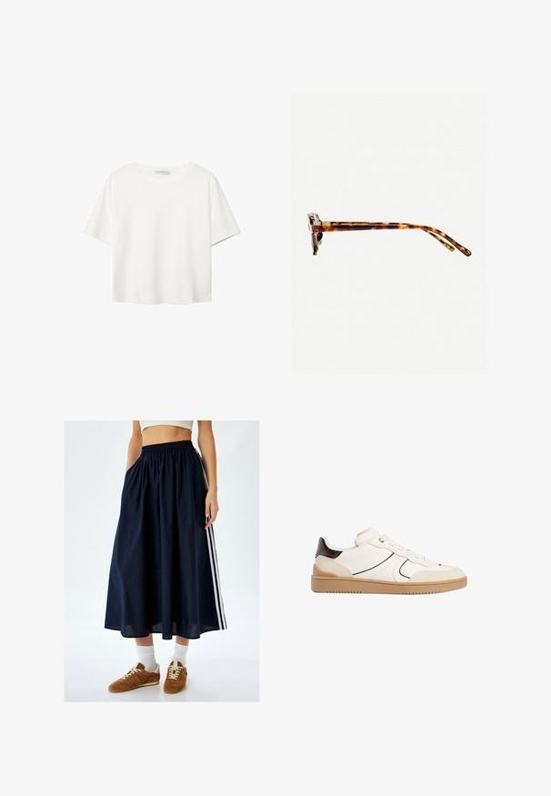 Valkoinen lyhythihainen T-paita, joka on tehty puuvillasta. Siinä on pyöreä kaula-aukko ja rento malli. Silkkinen pinta ilman näkyviä kuvioita tai koristeita.; Laakere navy -värinen maksihame, jossa on joustava vyötärö, sivutaskut ja kontrastivalkoiset raidat. Yhdistetty ruskeiden tennareiden ja valkoisten nilkkasukkien kanssa.; Stradivarius Matalavartiset tennarit - white; Kivimäisd värvi päikeseprillid paksu raamiga, kergelt kõverate templitega ja siledast tekstuurist. Omab klassikalist disaini läikiva viimistlusega.