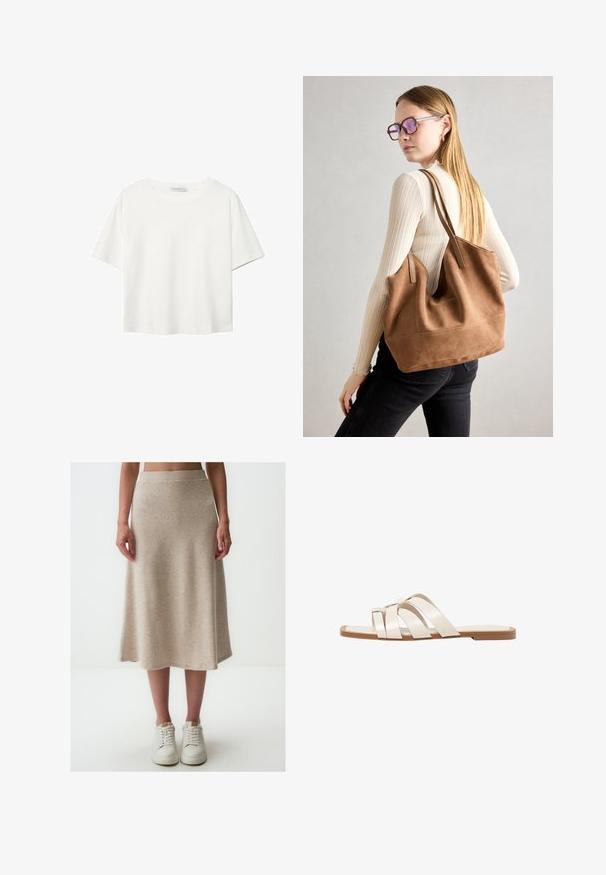 Weißes T-Shirt mit kurzen Ärmeln aus Baumwolle. Hat einen Rundhalsausschnitt und eine lockere Passform. Glatte Textur ohne sichtbare Muster oder Akzente.; Beige Strick-Midi-Rock mit glatter Textur, ausgestelltem Schnitt und elastischem Bund, kombiniert mit weißen Sneakern.; Flache Sandalen mit einer honigfarbenen Gummisohle, gestaltet mit drei überlappenden weißen Lederriemen und einem kleinen Schleifendetail in der Mitte.; Braune Wildleder-Tasche mit weicher Textur, großer Öffnung und langen Trägern. Sie verfügt über ein simples Design mit sichtbarem Stich und ohne Beschläge.