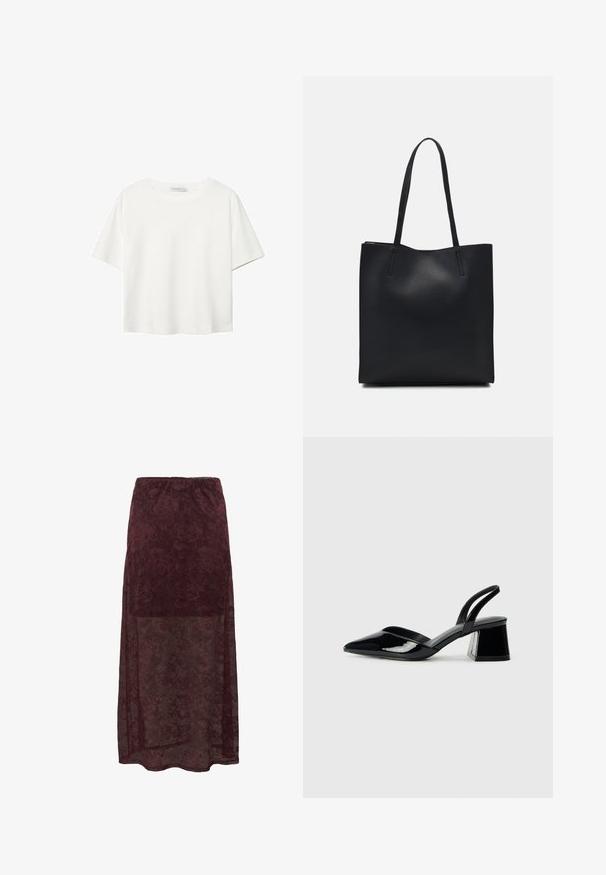 Bela kratka majica s kratkimi rokavi iz bombaža. Ima okroglo izrezovanje in sproščen kroj. Gladka tekstura brez vidnih vzorcev ali poudarkov.; Burgundska čipkasta maxi krila s cvetličnimi vzorci, prozornim spodnjim delom in elastičnim pasom. Mehka, teksturirana tkanina.; Črne lakirane slingback pete s koničastim nosom in geometrijsko blokasto peto. Imajo eleganten, minimalističen dizajn in gladko teksturo.; Črna usnjena torba s svilnato teksturo, pravokotne oblike in dvema dolgima ročajema. Brez vidnih metalnih delov ali okrasnih elementov.