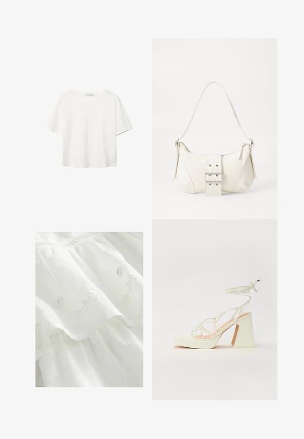 T-shirt blanc à manches courtes en coton. Doté d'un col ras du cou et d'une coupe décontractée. Texture lisse sans motifs ni accents visibles.; Robe en tissu blanc avec broderies florales, ourlet à volants et détails de boutons. Texture douce avec un design léger et fluide.; Sandale blanche à talons hauts avec un talon épais, présentant un design à lanières et un lien autour de la cheville. Texture lisse avec une plateforme à l'avant pour une hauteur supplémentaire.; Sac à épaule blanc avec une finition texturée, une accentuation par une boucle centrale et une forme courbée. Fermetures éclair des deux côtés.