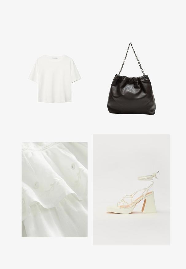 T-shirt blanc à manches courtes en coton. Doté d'un col ras du cou et d'une coupe décontractée. Texture lisse sans motifs ni accents visibles.; Robe en tissu blanc avec broderies florales, ourlet à volants et détails de boutons. Texture douce avec un design léger et fluide.; Sandale blanche à talons hauts avec un talon épais, présentant un design à lanières et un lien autour de la cheville. Texture lisse avec une plateforme à l'avant pour une hauteur supplémentaire.; Sac en cuir marron avec un haut froncé et une bandoulière en chaîne. Texture lisse avec une finition brillante et des coutures subtiles sur les côtés.