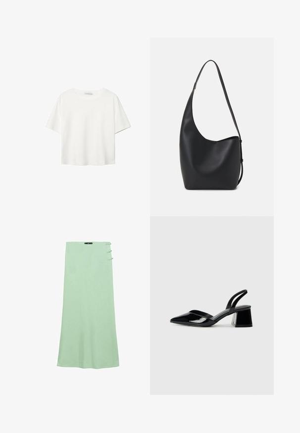 Vit t-shirt med kort ärm i bomull. Har en rundad halsringning och en avslappnad passform. Slät textur utan synliga mönster eller detaljer.; Ljusgrön maxikjol i ett mjukt material. Har en rak skärning och tre dekorativa knappar på vänster sida.; Svarta lackläder slingback klackar med spetsig tå och geometrisk klack. Har en elegant, minimalistisk design och slät yta.; Svart läder hobo-väska med en slät textur, kurvig form och en justerbar axelrem; har en bred öppning upptill.