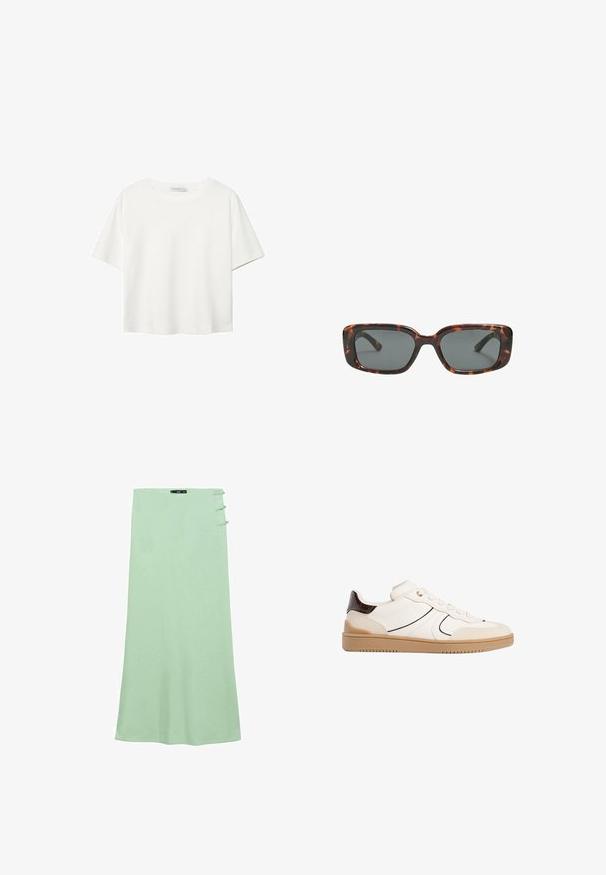 Bela kratka majica s kratkimi rokavi iz bombaža. Ima okroglo izrezovanje in sproščen kroj. Gladka tekstura brez vidnih vzorcev ali poudarkov.; Svetlozelena maksi krila iz gladkega materiala. Ima raven kroj in tri dekorativne gumbe na levi strani.; Stradivarius Športni copati - white; Sonce, ki je oblikovana v tortoščkovem vzorcu, ima pravokotne leče, debele okvirje in temne leče. Ima gladko teksturo in minimalističen dizajn.