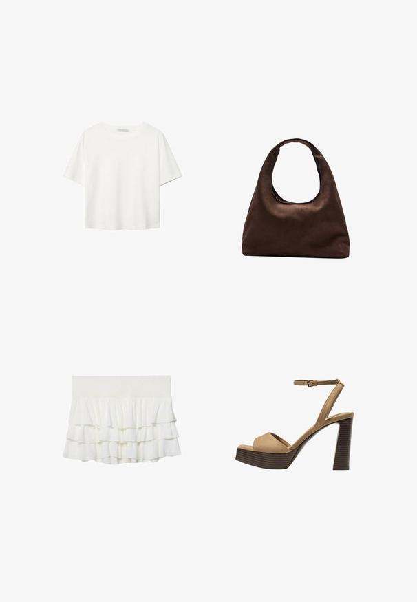 Bela kratka majica s kratkimi rokavi iz bombaža. Ima okroglo izrezovanje in sproščen kroj. Gladka tekstura brez vidnih vzorcev ali poudarkov.; Bela plastnata krila z volančki in elastiko v pasu, z lahkim teksturiranim materialom in razširjenim dizajnom.; Bež semiš sandali na visoki peti z širokim sprednjim trakom in trakom okoli gležnja, opremljeni z debelim lesenim blokom peto z teksturirano površino.; Mehakna rjava torbica v hobo stilu z enim širokim trakom in ukrivljenim odprtjem na vrhu, prikazana na beli podlagi.