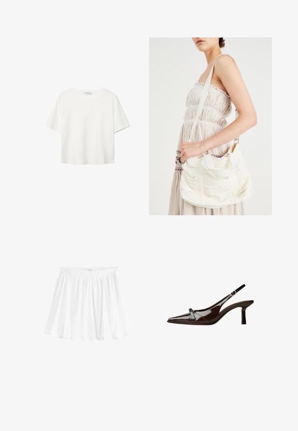 White short-sleeve t-shirt made of cotton. Features a crew neckline and a relaxed fit. Smooth texture with no visible patterns or accents.; White, flared skirt made of lightweight fabric with an elastic waistband. Features a gathered design for volume and fluidity.; Brown patent leather slingback shoe with pointed toe, low heel, and a decorative bow accent on the front. Smooth, shiny texture.; White fabric shoulder bag with gathered texture, adjustable strap, and silver hardware. Displayed alongside a cream-colored dress.