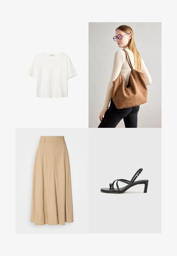 Valkoinen lyhythihainen T-paita, joka on tehty puuvillasta. Siinä on pyöreä kaula-aukko ja rento malli. Silkkinen pinta ilman näkyviä kuvioita tai koristeita.; Beige, korkeavyötäröinen maksihame, joka on valmistettu teksturoidusta kankaasta. Hameessa on alaspäin laskeutuvat laskokset, ja se on puhdaslinjainen ilman näkyviä kuvioita.; Mustat hihnalligat, joissa on neliön muotoinen kärki ja matala lohkokorko. Ominaisuuksiin kuuluu useita ohuita hihnoja ja säädettävä nilkkahihna. Valmistettu sileästä nahasta.; Ruskea nubukkivuoriolaukku, jossa on pehmeä rakenne, tilava avaus ja pitkät hihnat. Ominaisuuksiin kuuluu yksinkertainen muotoilu näkyvine ompeleineen ja ilman metalliosia.
