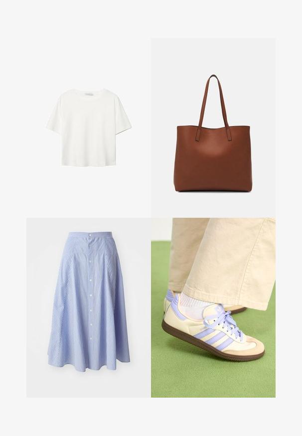 Vit t-shirt med kort ärm i bomull. Har en rundad halsringning och en avslappnad passform. Slät textur utan synliga mönster eller detaljer.; Randig knäppkjol i ljusblått och vitt. Tyget verkar lätt och har en slät textur; knälång med vid design.; Krämfärgade och lavendelfärgade sneakers med tre ränder och en texturerad brun sula, med snören och en vadderad häl. Mjuk tygobero.; Brun läder tote-väska med en slät textur, öppen toppdesign och två axelremmar. Har minimal söm och ingen synlig metalldetalj.