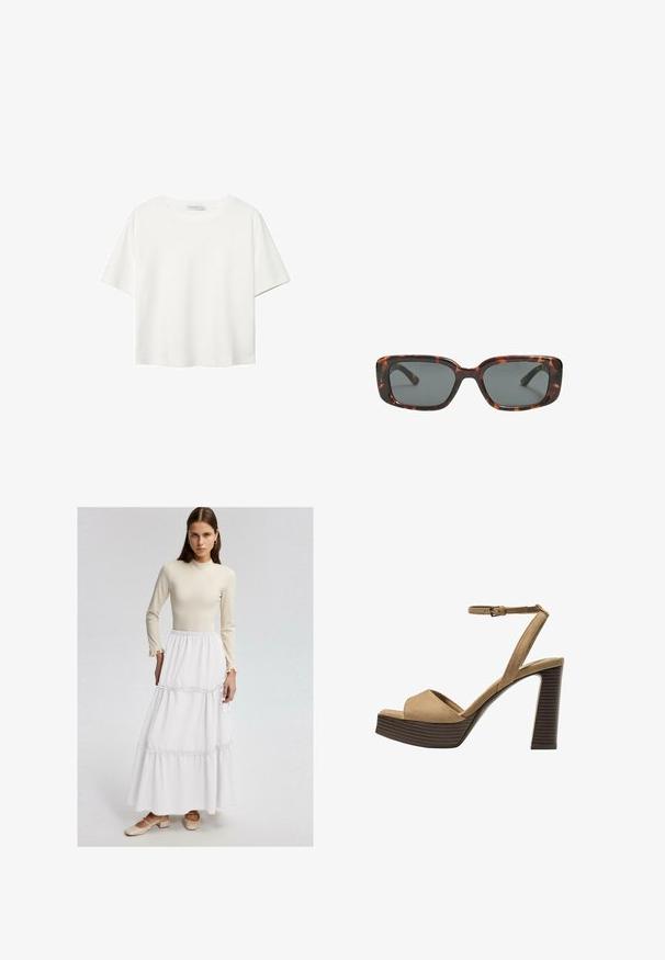 Bela kratka majica s kratkimi rokavi iz bombaža. Ima okroglo izrezovanje in sproščen kroj. Gladka tekstura brez vidnih vzorcev ali poudarkov.; Bež majica s dolgimi rokavi in nabranimi manšetami, kombinirana z belo maksi krilo s plasti, ki ima zbrano šiv. Model nosi bež čevlje na blok peto.; Bež semiš sandali na visoki peti z širokim sprednjim trakom in trakom okoli gležnja, opremljeni z debelim lesenim blokom peto z teksturirano površino.; Sonce, ki je oblikovana v tortoščkovem vzorcu, ima pravokotne leče, debele okvirje in temne leče. Ima gladko teksturo in minimalističen dizajn.