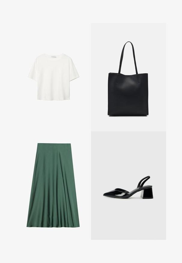 Bela kratka majica s kratkimi rokavi iz bombaža. Ima okroglo izrezovanje in sproščen kroj. Gladka tekstura brez vidnih vzorcev ali poudarkov.; Zelena midi krila iz gladkega, lahkega materiala. Ima tekočo zasnovo s plisiranjem, brez vidnih zaponk ali vzorcev.; Črne lakirane slingback pete s koničastim nosom in geometrijsko blokasto peto. Imajo eleganten, minimalističen dizajn in gladko teksturo.; Črna usnjena torba s svilnato teksturo, pravokotne oblike in dvema dolgima ročajema. Brez vidnih metalnih delov ali okrasnih elementov.