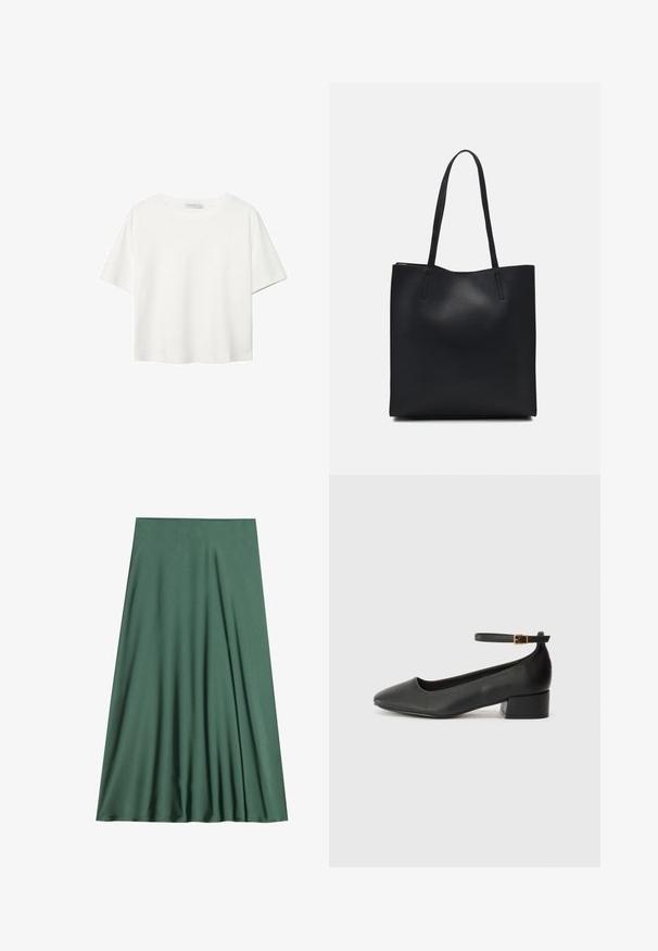 Biela krátkopsová tričko vyrobené z bavlny. Má okrúhly výstrih a voľný strih. Hladká textúra bez viditeľných vzorov alebo akcentov.; Zelená midi sukňa vyrobená z hladkej, ľahkej tkaniny. Má prúžkový dizajn s nariasením, bez viditeľných zapínaní alebo vzorov.; Čierne kožené lodičky s špicatou špičkou a nízkym blokovým podpätkom. Obsahuje remienok okolo členka so zlatým prackou. Hladký povrch.; Čierna kožená taška na rameno s hladkým povrchom, obdĺžnikovým tvarom a dvoma dlhými uchami. Bez viditeľného kovania alebo ozdôb.