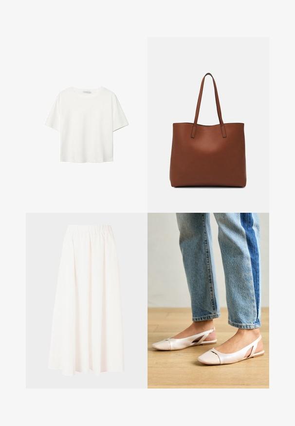 Valkoinen lyhythihainen T-paita, joka on tehty puuvillasta. Siinä on pyöreä kaula-aukko ja rento malli. Silkkinen pinta ilman näkyviä kuvioita tai koristeita.; Pitkä hame, jossa joustava vyötärö, vaalean kerma, virtaava kangas, A-linjainen siluetti, ilman kuvioita tai koristeluja, keskipitkä pituus.; Vaaleanpunaiset slingback-ballerinat, joissa on terävä kärki, valmistettu sileästä nahkamaisesta materiaalista. Sivujen leikkuuyksityiskohdat ja tasapohja.; Ruskea nahkainen olkalaukku, jossa on sileä pinta, avoin yläosa ja kaksi olkahihnaa. Omaavat vain minimaalisen ompelun eikä näkyvää metalliosaa.