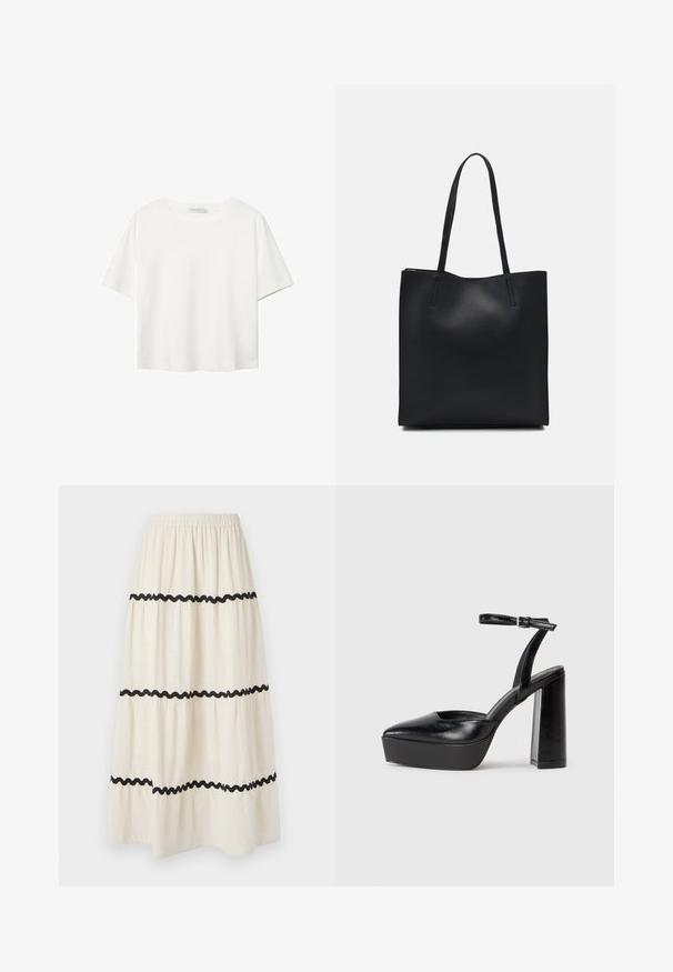 Bela kratka majica s kratkimi rokavi iz bombaža. Ima okroglo izrezovanje in sproščen kroj. Gladka tekstura brez vidnih vzorcev ali poudarkov.; Večplastna krila do gležnjev v kremastem blagu z črnimi valovitimi robovi. Značilna elastična pasnica za udobje in tekoč, lahek videz.; Črne platforme z visokimi petami in koničastim nosom ter nastavljivim gležnjenjskim trakom. Narejene iz gladke usnje, s kockasto peto.; Črna usnjena torba s svilnato teksturo, pravokotne oblike in dvema dolgima ročajema. Brez vidnih metalnih delov ali okrasnih elementov.