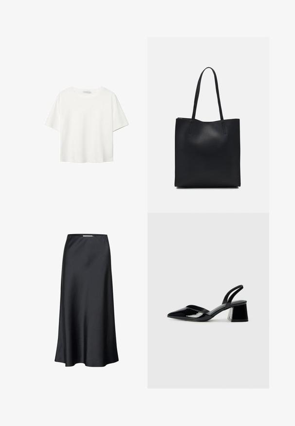 T-shirt bianco a maniche corte realizzato in cotone. Presenta un collo tondo e una vestibilità rilassata. Texture liscia senza motivi o dettagli visibili.; Gonna midi nera realizzata in tessuto morbido, con una silhouette fluida e una leggera lucentezza. Presenta un design semplice e a tinta unica.; Décolleté in vernice nera con punta affusolata e tacco in geometria cubica. Presentano un design elegante e minimalista, con una texture liscia.; Borsa tote in pelle nera con texture liscia, forma rettangolare e due manici lunghi. Nessun hardware o decorazione visibile.