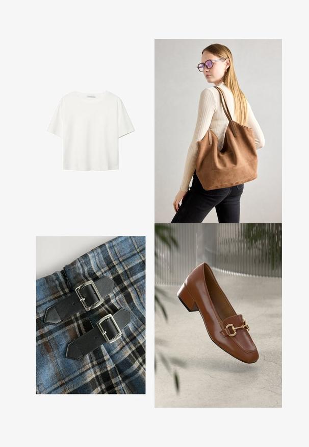 Witte korte mouwen t-shirt van katoen. Heeft een ronde halslijn en een ontspannen pasvorm. Glad textuur zonder zichtbare patronen of accenten.; Geruit textiel met blauwe, bruine en zwarte kleuren, voorzien van twee zwarte faux leren banden met zilveren gespen op de taille. Rits zichtbaar.; Bruine lakleren loafer met vierkante neus, metallic kettingaccent en lage blokhak; gladde textuur, minimalistisch ontwerp.; Bruine suède totebag met zachte textuur, grote opening en lange hengsels. Het heeft een eenvoudig ontwerp met zichtbare stiksels en geen hardware.