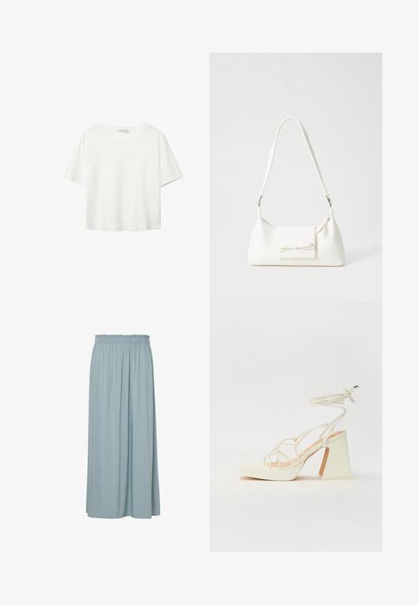 Bílý krátký rukáv tričko vyrobené z bavlny. Má kulatý výstřih a volný střih. Hladký materiál bez viditelných vzorů nebo akcentů.; Světle modrá maxi sukně s nařaseným elastickým pasem, vyrobená z měkké tkaniny, s vertikálními sklady pro texturu a lehkost.; Bílé sandály na vysokém podpatku s robustním podpatkem, s designem s pásky a zavazováním kolem kotníku. Hladký povrch s platformou vpředu pro zvýšení výšky.; Bílá syntetická kabelka v trojúhelníkovém tvaru, s plochým předním klopným víkem a detailem mašle, nastavitelným popruhem, hladkým povrchem a minimalistickým designem.
