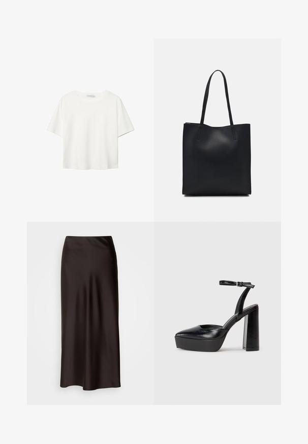 Bílý krátký rukáv tričko vyrobené z bavlny. Má kulatý výstřih a volný střih. Hladký materiál bez viditelných vzorů nebo akcentů.; Lindex MARIA - Áčková sukně - dark brown; Černé platformové podpatky s špičatou špičkou a nastavitelným kotníkovým popruhem. Vyrobeny z hladké kůže, s masivním blokovým podpatkem.; Černá kožená taška přes rameno s hladkým povrchem, obdélníkovým tvarem a dvěma dlouhými uchy. Žádné viditelné kování ani ozdoby.