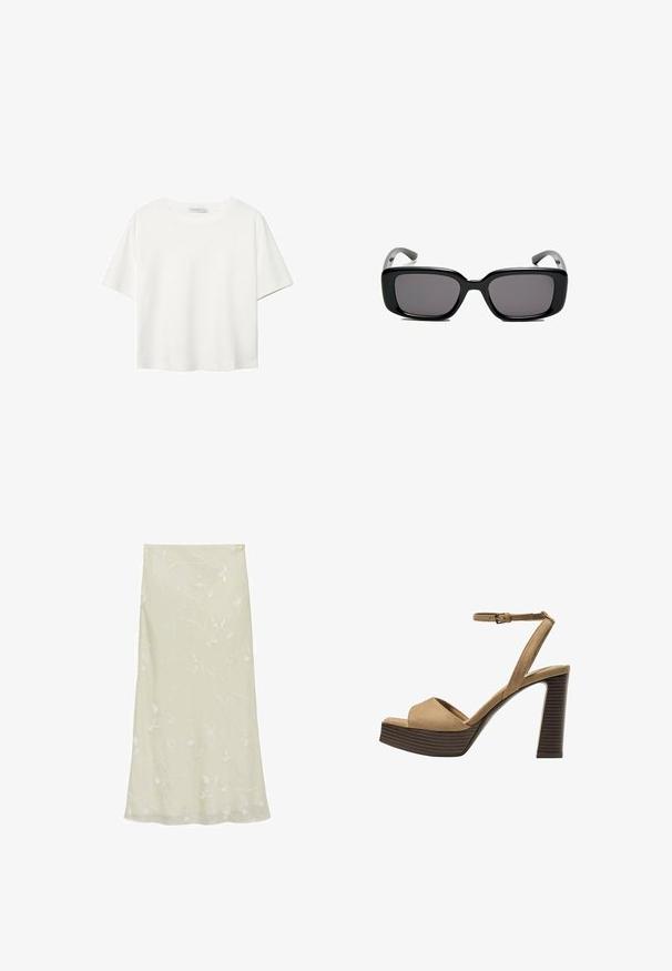 Biała koszulka z krótkim rękawem, wykonana z bawełny. Posiada okrągły dekolt i luźny krój. Gładka faktura bez widocznych wzorów czy akcentów.; Jasnozielona midi spódnica z przezroczystego materiału, z delikatnym białym haftem kwiatowym i swobodną sylwetką w kształcie litery A.; Beżowe zamszowe sandały na wysokim obcasie z szerokim paskiem z przodu i paskiem za kostkę, z masywnym drewnianym obcasem o teksturowanym wykończeniu.; Czarne prostokątne okulary przeciwsłoneczne z ciemnymi soczewkami, gładką plastikową ramką i wygiętymi zausznikami. Projekt jest masywny, o minimalistycznej estetyce.