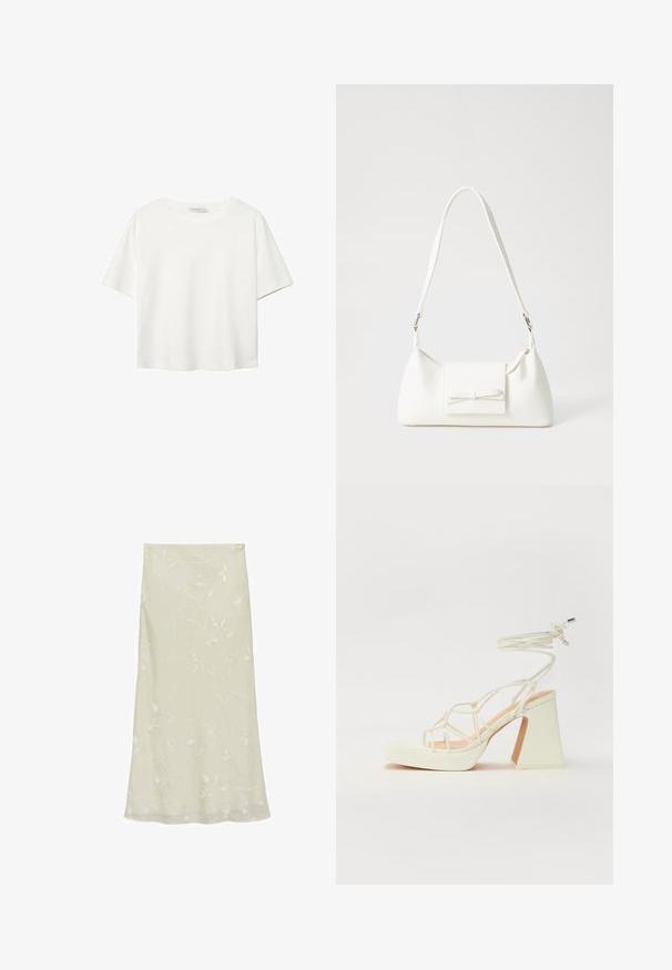 White short-sleeve t-shirt made of cotton. Features a crew neckline and a relaxed fit. Smooth texture with no visible patterns or accents.; Light green midi skirt made of sheer fabric, featuring delicate white floral embroidery and a flowing A-line silhouette.; White high-heeled sandal with a chunky heel, featuring a strappy design and ankle tie. Smooth texture with a platform front for added height.; White synthetic handbag with a triangular shape, flat front flap and bow detail, adjustable strap, smooth texture, and minimalistic design.