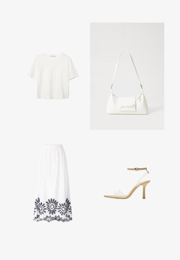 T-shirt blanc à manches courtes en coton. Doté d'un col ras du cou et d'une coupe décontractée. Texture lisse sans motifs ni accents visibles.; Jupe longue blanche en tissu avec une taille élastique. Présente des broderies florales navy bleues délicates le long de l'ourlet et du bord festonné.; Sandale à talon transparent avec un supérieur transparent, semelle beige et une fine bride de cheville. Dispose d'un bout pointu et d'un fin talon haut.; Sac à main synthétique blanc en forme triangulaire, avec un rabat avant plat et un détail en nœud, une bandoulière ajustable, une texture lisse et un design minimaliste.