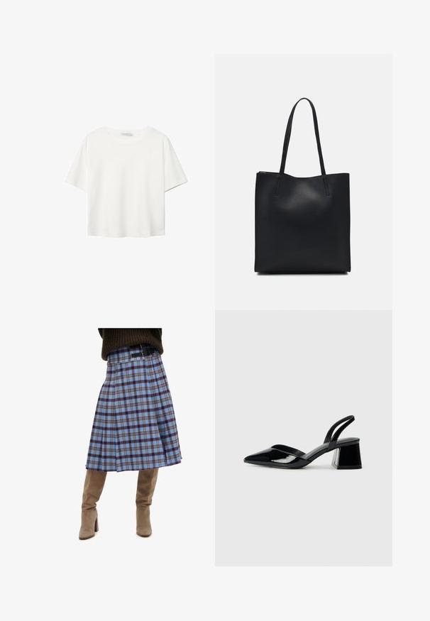 Hvid kortærmet t-shirt lavet af bomuld. Har en rund halsudskæring og en afslappet pasform. Glat tekstur uden synlige mønstre eller detaljer.; Grå-blå ternet nederdel med plisseret design, der har mørkebrune og gule accenter, parret med knæhøje støvler i beige ruskind.; Sorte patentlæder slingback hæle med spids tå og en geometrisk blok hæl. Har et elegant, minimalistisk design og en glat tekstur.; Sort læder tote taske med glat tekstur, rektangulær form og to lange hanke. Ingen synlig hardware eller udsmykninger.