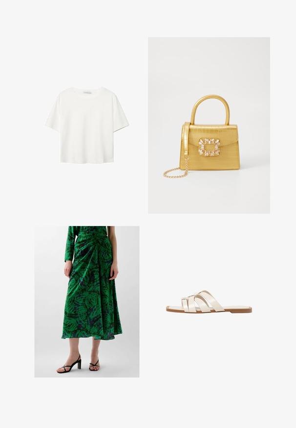 Bílý krátký rukáv tričko vyrobené z bavlny. Má kulatý výstřih a volný střih. Hladký materiál bez viditelných vzorů nebo akcentů.; Zelená vzorovaná sukně s řaseným designem, vyrobená z lehké tkaniny. Obsahuje fialové a černé akcenty. Nositelná s černými sandály na podpatku.; Ploché sandály s hnědou gumovou podrážkou, navržené se třemi překrývajícími se bílými koženými řemínky a malým mašlí uprostřed.; Žlutá kabelka z umělé krokodýlí kůže se strukturovaným designem, horním uchopem, odnímatelným řetízkovým popruhem a dekoračním krystalovým zdobením na zapínání.