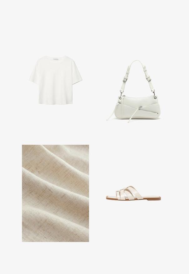 T-shirt blanc à manches courtes en coton. Doté d'un col ras du cou et d'une coupe décontractée. Texture lisse sans motifs ni accents visibles.; Un tissu beige clair présentant une texture subtile avec de légères lignes, créant une apparence douce et tissée. Il tombe harmonieusement en plis délicats.; Sandales plates avec une semelle en caoutchouc beige, conçues avec trois brides en cuir blanc se chevauchant et un petit nœud au centre.; Sac à main en cuir blanc au design slim, avec plusieurs compartiments zippés et une bandoulière réglable. Accents en métal argenté.