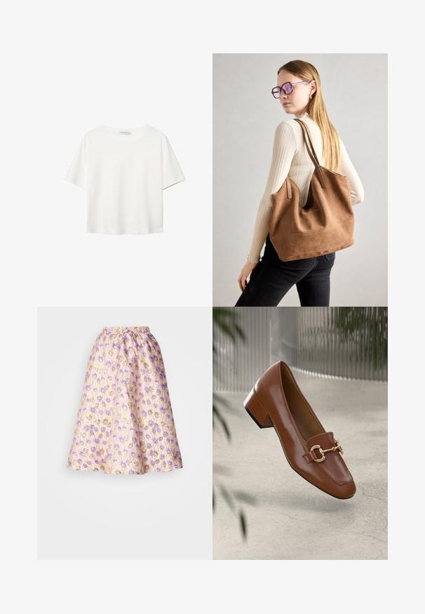 Vit t-shirt med kort ärm i bomull. Har en rundad halsringning och en avslappnad passform. Slät textur utan synliga mönster eller detaljer.; En pastellrosa kjol med ett blommönster i lila och guldaccenter, med ett elastiskt midjeband och en utsvängd A-linjeform.; Brun lackläder loafer med fyrkantig tå, metallkedja som accent och låg blockklack; slät textur, minimalistisk design.; Brun mocka toteväska med mjuk textur, stor öppning och långa axelremmar. Har en enkel design med synliga sömmar och ingen hårdvara.