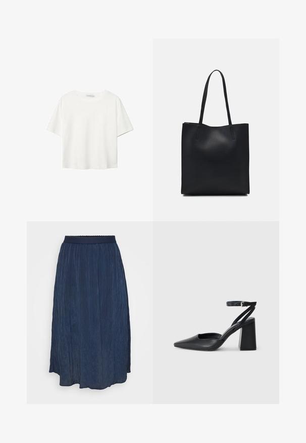T-shirt blanc à manches courtes en coton. Doté d'un col ras du cou et d'une coupe décontractée. Texture lisse sans motifs ni accents visibles.; Jupe plissée bleu marine avec une taille ornée de bords festonnés. Fabriquée en tissu léger, la jupe possède un design fluide et une texture douce.; Escarpin noir en cuir à bout pointu avec une bride de cheville et un talon épais. Texture lisse, design élégant et esthétique minimaliste.; Sac fourre-tout en cuir noir avec une texture lisse, de forme rectangulaire et deux longues poignées. Pas de matériel ou d'ornementations visibles.