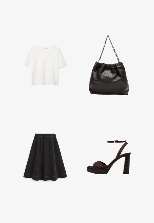 Biała koszulka z krótkim rękawem, wykonana z bawełny. Posiada okrągły dekolt i luźny krój. Gładka faktura bez widocznych wzorów czy akcentów.; Czarna spódnica do kolan wykonana z gładkiego materiału z elastycznym pasem, ozdobiona białym przeszyciem wzdłuż szwów i dołu.; Brązowe zamszowe sandały na wysokim obcasie z odkrytymi palcami, regulowanym paskiem na kostce i paskowatą podeszwą.; Brązowa skórzana torba z marszczonym szczytem i łańcuszkowym paskiem. Gładka tekstura z błyszczącym wykończeniem i subtelnymi detalami szwów po bokach.