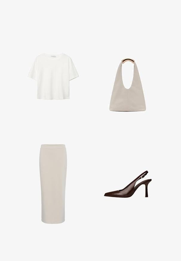 Witte korte mouwen t-shirt van katoen. Heeft een ronde halslijn en een ontspannen pasvorm. Glad textuur zonder zichtbare patronen of accenten.; Beige, knie-lange rok gemaakt van zachte, rekbare stof. Heeft een eenvoudige elastische tailleband en een rechte silhouet zonder zichtbare patronen.; Bruine lederen slingbackpomp met een spitse neus en een dunne hak. Voorzien van een kleine accentgesp op de band en een glossy afwerking.; Lichtgrijze leren tas met een U-vormig ontwerp en een gebogen metalen handvat. Glad oppervlak met minimale stiksels en geen zichtbare patronen.