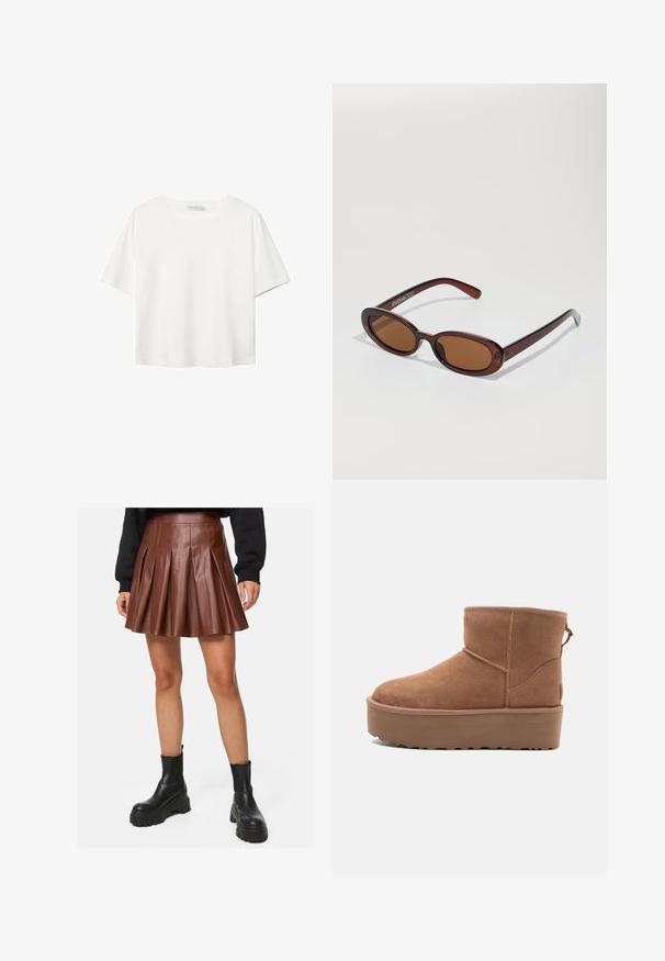 Witte korte mouwen t-shirt van katoen. Heeft een ronde halslijn en een ontspannen pasvorm. Glad textuur zonder zichtbare patronen of accenten.; Bruine geplooide faux leren rok met een aansluitende tailleband, gelaagd ontwerp en een gladde textuur, gecombineerd met zwarte chunky enkellaarzen.; Tan suède enkellaars met een platformzool, ronde neus en stiksels; heeft een trekband aan de achterkant voor gemakkelijke instap.; Ronde, bruin getinte zonnebril met een glanzend bordeauxrood frame. Slanke pootjes met subtiele merkdetails. Vlakke lensontwerp.; Bruin suède hobo tas met een gebogen, brede handgreep en een grote opening. Zachte textuur met zichtbare stiksels langs de randen.