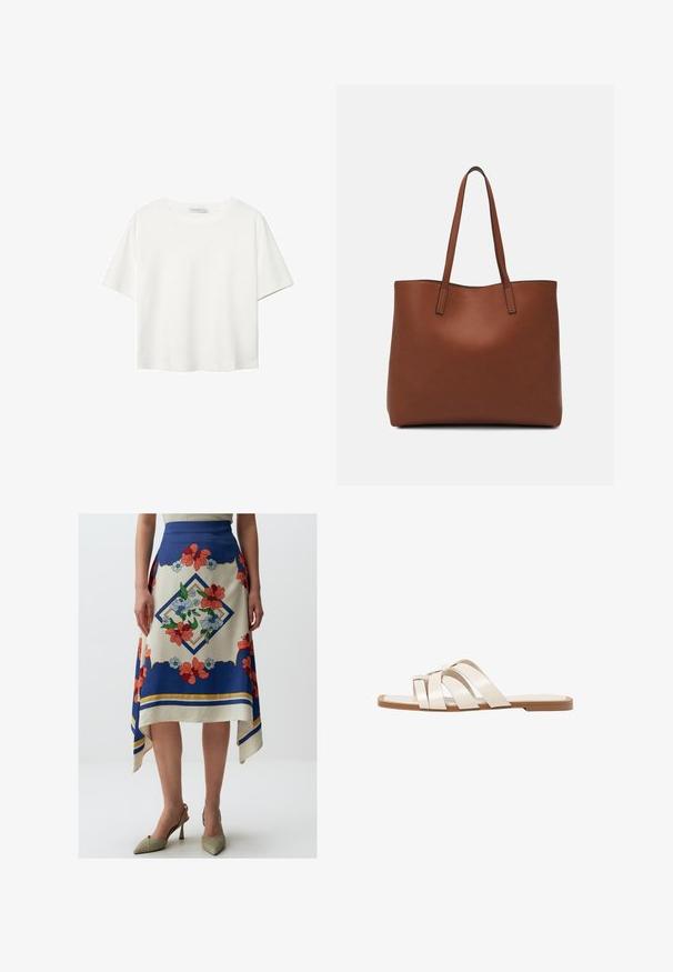 Weißes T-Shirt mit kurzen Ärmeln aus Baumwolle. Hat einen Rundhalsausschnitt und eine lockere Passform. Glatte Textur ohne sichtbare Muster oder Akzente.; Jimmy Key FLORAL PATTERNED MIDI - A-Linien-Rock - mixed; Flache Sandalen mit einer honigfarbenen Gummisohle, gestaltet mit drei überlappenden weißen Lederriemen und einem kleinen Schleifendetail in der Mitte.; Braune Leder-Tote mit glatter Textur, offenem Oberteil und zwei Schulterriemen. Verfügt über minimale Nähte und keine sichtbaren Beschläge.