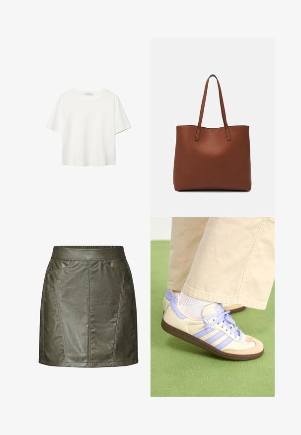 Valkoinen lyhythihainen T-paita, joka on tehty puuvillasta. Siinä on pyöreä kaula-aukko ja rento malli. Silkkinen pinta ilman näkyviä kuvioita tai koristeita.; Oliivivihreä nahkainen mini-hame, jossa on joustava vyötärö, ja joka sisältää kaksi etutaskua sekä ommeltuja yksityiskohtia sivuilla.; Kermasilta ja laventelilta näyttävät lenkkarit kolmella raidalla ja teksturoidulla ruskealla pohjalla, varustettuna nauhoilla ja pehmustetulla kantapäällä. Pehmeä kangaspinta.; Ruskea nahkainen olkalaukku, jossa on sileä pinta, avoin yläosa ja kaksi olkahihnaa. Omaavat vain minimaalisen ompelun eikä näkyvää metalliosaa.