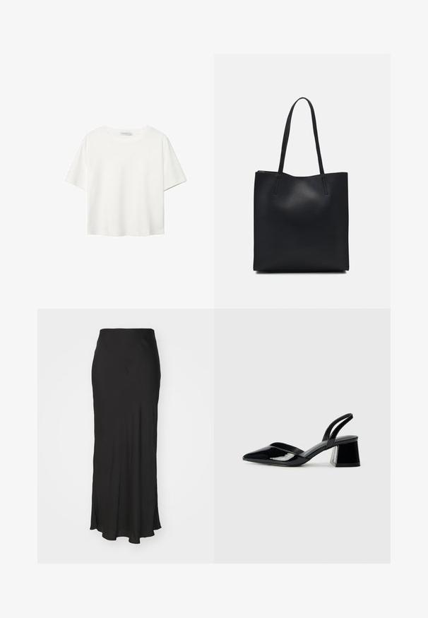 Biela krátkopsová tričko vyrobené z bavlny. Má okrúhly výstrih a voľný strih. Hladká textúra bez viditeľných vzorov alebo akcentov.; Čierna maxi sukňa vyrobená z hladkého materiálu, s priliehajúcim pásom a miernym rozšírením na leme, s bočnými rozparkami pre väčšiu pohyblivosť.; Čierne lakované kožené sandálové podpätky s špicatou špičkou a geometrickým blokovým podpätkom. Disponujú elegantným, minimalistickým dizajnom a hladkým povrchom.; Čierna kožená taška na rameno s hladkým povrchom, obdĺžnikovým tvarom a dvoma dlhými uchami. Bez viditeľného kovania alebo ozdôb.