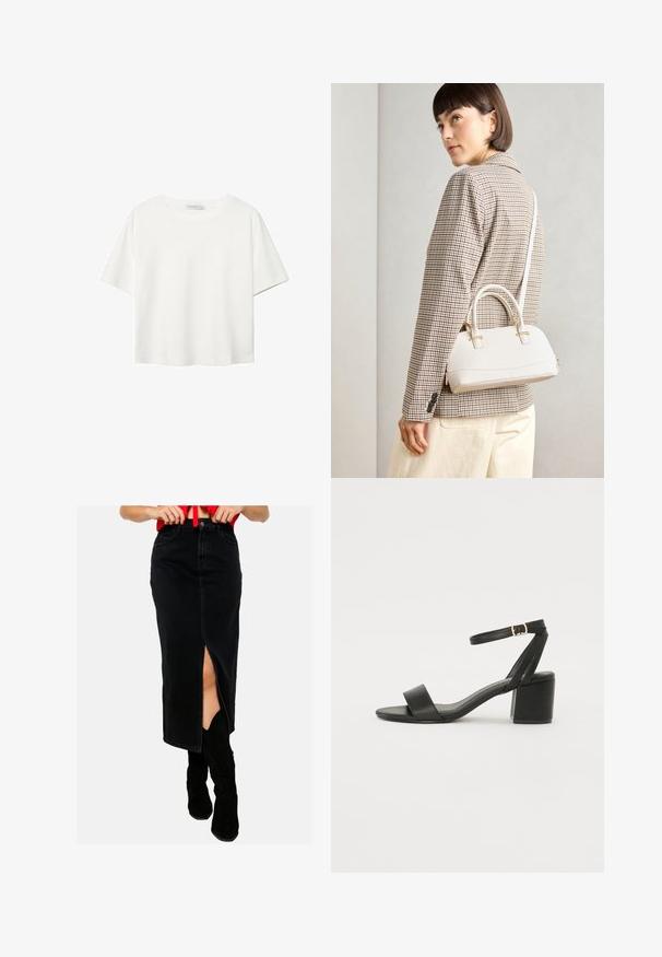 Biela krátkopsová tričko vyrobené z bavlny. Má okrúhly výstrih a voľný strih. Hladká textúra bez viditeľných vzorov alebo akcentov.; LolaLiza Denimová sukňa - black; Čierne sandále na podpätku so hladkým koženým vrchom, otvorenou špičkou, širokými prednými prúžkami a nastaviteľným členkovým popruhom so zlatým prackom.; Biela štruktúrovaná kabelka s krátkymi rúčkami a ramenným popruhom, s zlatými kovovými prvkami a textúrovaným materiálom, vystavená na šedom pozadí.
