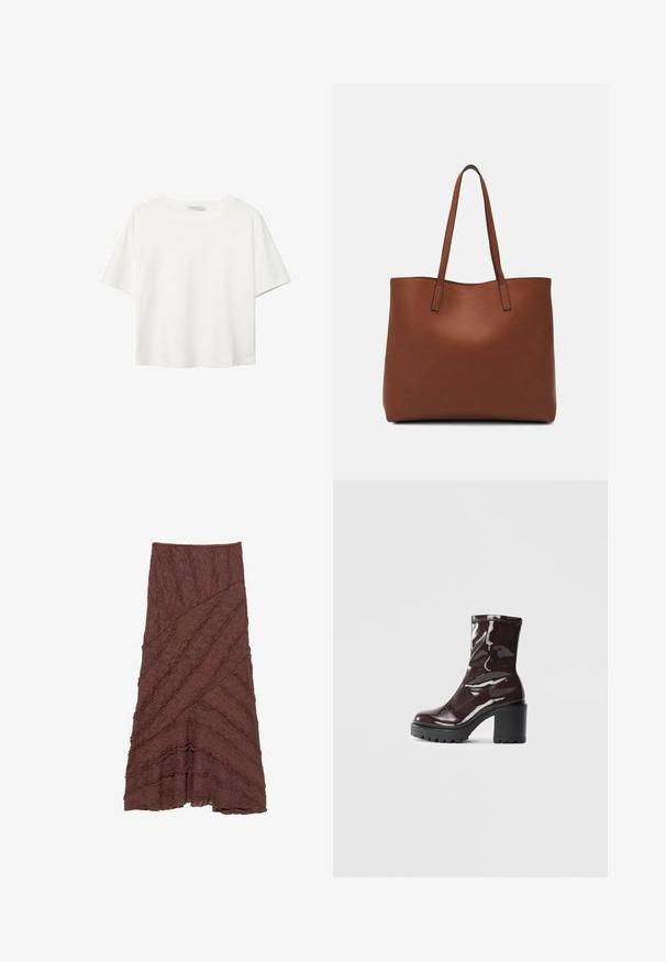 Bela kratka majica s kratkimi rokavi iz bombaža. Ima okroglo izrezovanje in sproščen kroj. Gladka tekstura brez vidnih vzorcev ali poudarkov.; Rjava teksturirana krila z večplastnim, valovitim dizajnom in diagonalnimi vzorci, z nabranimi poudarki ob robovih in razširjeno silhueto.; Sijajan škrlatank z bleščečim videzom, z masivnim črnim peto, ki se ponaša z gladko teksturo in preprostim dizajnom. Brez vidnih zapenjal ali vzorcev.; Rjava usnjena torba z gladko teksturo, odprto zasnovo zgoraj in dvema naramnima trakovoma. Opremljena je z minimalnim šivanjem in brez vidnih kovinskih delov.