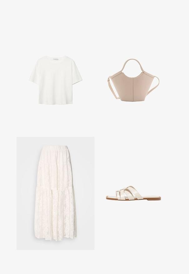 Weißes T-Shirt mit kurzen Ärmeln aus Baumwolle. Hat einen Rundhalsausschnitt und eine lockere Passform. Glatte Textur ohne sichtbare Muster oder Akzente.; Maxikleid aus weißer Spitze mit gestuftem Design, elastischem Taillenbund und aufwendigen floralen Mustern. Leichtes und strukturiertes Material.; Flache Sandalen mit einer honigfarbenen Gummisohle, gestaltet mit drei überlappenden weißen Lederriemen und einem kleinen Schleifendetail in der Mitte.; Beige Lederhandtasche mit einer einzigartigen Form, die zwei kurze Henkel und einen langen verstellbaren Riemen aufweist. Glatte Textur mit minimalen Hardware-Elementen.