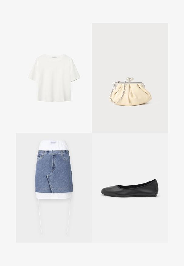 Bijela majica kratkih rukava od pamuka. Ima okrugli izrez i opušteni kroj. Glatka tekstura bez vidljivih uzoraka ili naglasaka.; Traper suknja s plavim tijelom, bijelim perforiranim pojasom i povlačnim vezicama. Ima prednje džepove i ravni kroj s sirovim rubom.; Crne kožne baletanke s zaobljenim vrhom, glatke teksture, minimalnim detaljima šavova i fleksibilnim dizajnom potplata.; Nabrana bež kožna torbica s srebrnim metalnim okvirom, koja sadrži dva okrugla dekorativna kopčanja i srebrnu lančanu naramenicu.