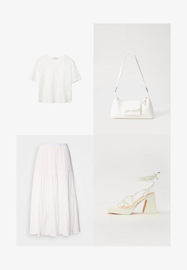 Bela kratka majica s kratkimi rokavi iz bombaža. Ima okroglo izrezovanje in sproščen kroj. Gladka tekstura brez vidnih vzorcev ali poudarkov.; Bela, večerna midi krila s črto in elastiko v pasu, izdelana iz mehkega, lahkega blaga z rahlo gubanjem.; Bela sandala na visokih petah s debelim petam, ki ima obliko trakcev in vezanje okoli gležnja. Gladka tekstura z platformo spredaj za dodatno višino.; Bela sintetična torbica v obliki trikotnika, z ravnim sprednjim poklopcem in detajlom mašne, nastavljivim trakom, gladko teksturo in minimalističnim dizajnom.