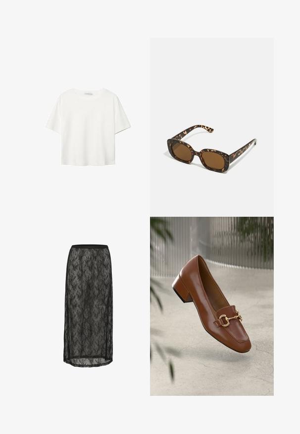 Bílý krátký rukáv tričko vyrobené z bavlny. Má kulatý výstřih a volný střih. Hladký materiál bez viditelných vzorů nebo akcentů.; Černá krajková midi sukně s květinovým vzorem, elastickým pasem a průhlednou tkaninou se bočními rozparky pro zvýraznění detailu a pohybu.; Hnědé lakované kožené mokasíny se čtveratou špičkou, kovovým řetízkovým akcentem a nízkým blokovým podpatkem; hladká textura, minimalistický design.; Sluneční brýle ve skořápce želvy s kulatým, širokým rámem a hnědými čočkami. Mají jemné vzory a rovné, zúžené stranice.