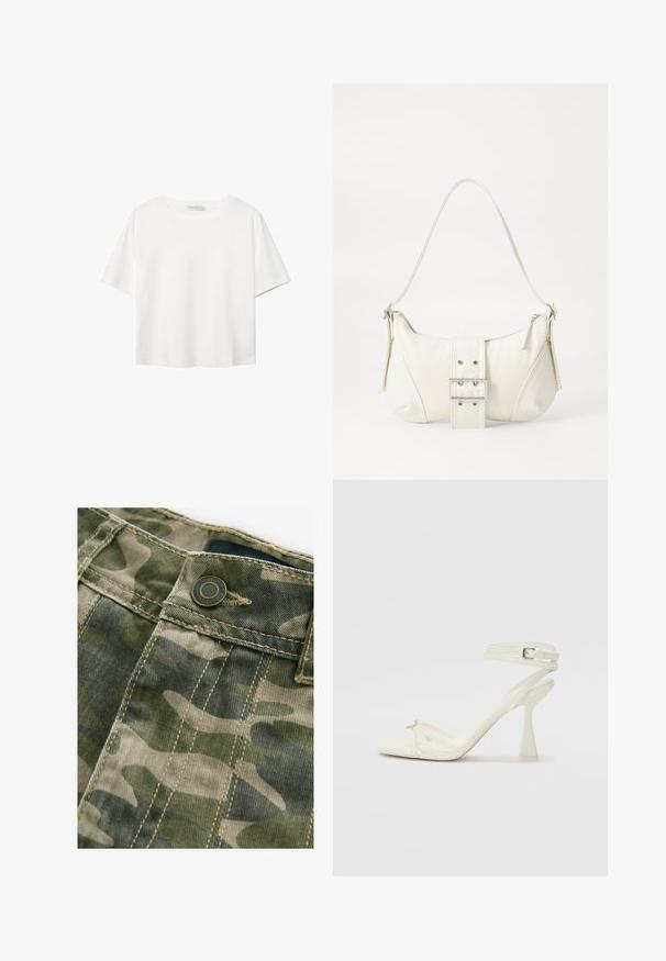 T-shirt bianco a maniche corte realizzato in cotone. Presenta un collo tondo e una vestibilità rilassata. Texture liscia senza motivi o dettagli visibili.; Tessuto a motivo mimetico in tonalità di verde e beige con cuciture visibili. Presenta un bottone metallico in vita, texture denim.; Sandalo con tacco alto e fasce in pelle bianca, dal design elegante, con un tacco a blocco trasparente e un elemento decorativo sulla punta.; Borsa a spalla bianca con una finitura testurizzata, un accentuato fermaglio centrale e una forma curva. Chiusure a cerniera su entrambi i lati.