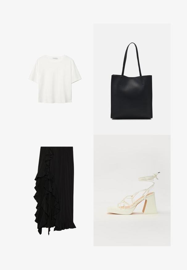 T-shirt blanc à manches courtes en coton. Doté d'un col ras du cou et d'une coupe décontractée. Texture lisse sans motifs ni accents visibles.; Jupe noire en tissu doux avec un détail à volants sur le côté gauche et une finition à volants en bas, créant une silhouette fluide.; Sandale blanche à talons hauts avec un talon épais, présentant un design à lanières et un lien autour de la cheville. Texture lisse avec une plateforme à l'avant pour une hauteur supplémentaire.; Sac fourre-tout en cuir noir avec une texture lisse, de forme rectangulaire et deux longues poignées. Pas de matériel ou d'ornementations visibles.