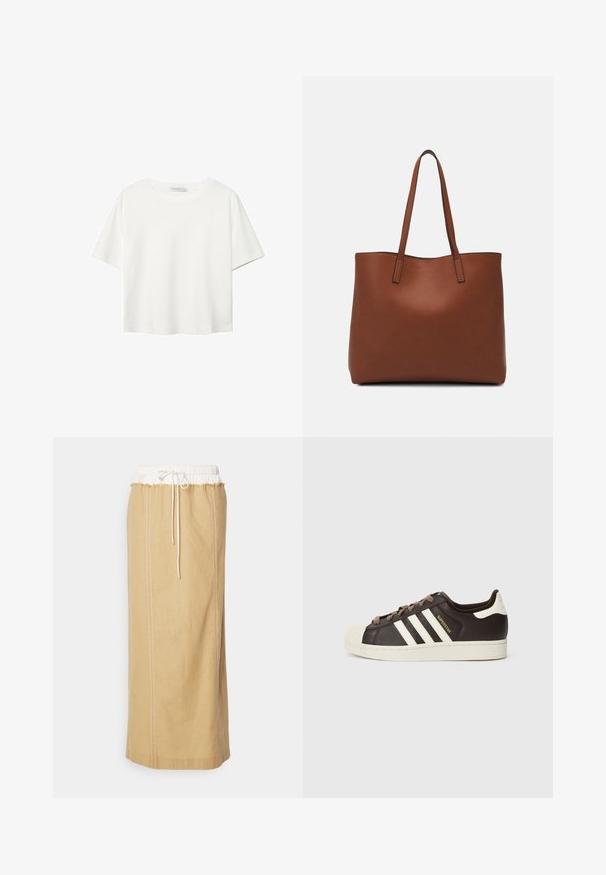 T-shirt bianco a maniche corte realizzato in cotone. Presenta un collo tondo e una vestibilità rilassata. Texture liscia senza motivi o dettagli visibili.; Gonna lunga beige in lino con cintura elastica bianca, dotata di chiusura con cordoncino e cuciture a contrasto lungo i lati.; Sneaker Adidas Superstar low-top in pelle marrone scuro con punta a conchiglia crema, strisce bianche e scritta "Superstar" sul lato.; Borsa tote in pelle marrone con texture liscia, design con apertura superiore e due spallacci. Presenta cuciture minime e nessun hardware visibile.