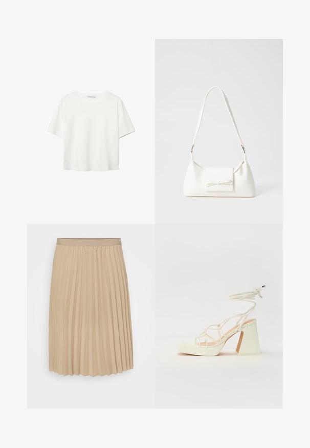 Biała koszulka z krótkim rękawem, wykonana z bawełny. Posiada okrągły dekolt i luźny krój. Gładka faktura bez widocznych wzorów czy akcentów.; Beżowa spódnica plisowana z płaskim pasem. Tkanina jest gładka, z pionowymi fałdami i dołem z falbanym wykończeniem. Elegancki i prosty design.; Biała sandał na wysokim obcasie z masywnym słupkiem, z paskowym wzorem i wiązaniem przy kostce. Gładka faktura z platformą z przodu dla dodatkowej wysokości.; Biała syntetyczna torba o trójkątnym kształcie, płaskim przednim klapce i detalach w postaci kokardy, regulowanym pasku, gładkiej fakturze oraz minimalistycznym designie.