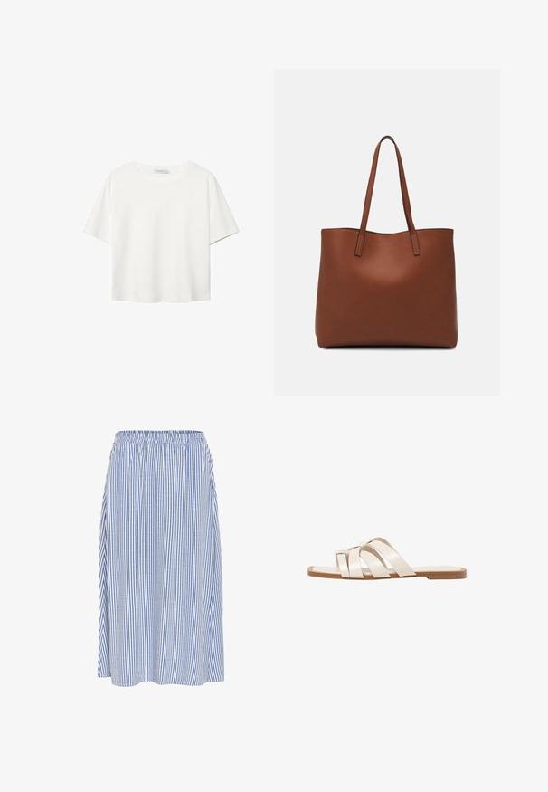 Bela kratka majica s kratkimi rokavi iz bombaža. Ima okroglo izrezovanje in sproščen kroj. Gladka tekstura brez vidnih vzorcev ali poudarkov.; Zračna midi krila iz lahkega materiala z navpičnimi modrimi in belimi črtami, opremljena z elastičnim pasom in tekočim oblikovanjem.; Ravne sandale s svetlo rjavim gumijastim podplatom, zasnovane s tremi prekrivajočimi se belimi usnjenimi trakovi in majhnim lokom na sredini.; Rjava usnjena torba z gladko teksturo, odprto zasnovo zgoraj in dvema naramnima trakovoma. Opremljena je z minimalnim šivanjem in brez vidnih kovinskih delov.