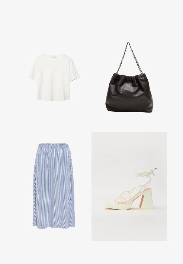 Vit t-shirt med kort ärm i bomull. Har en rundad halsringning och en avslappnad passform. Slät textur utan synliga mönster eller detaljer.; Luftig midikjol i lätt tyg med vertikala blå och vita ränder, med elastisk midja och flödande design.; Vit högklackad sandal med en kraftig klack, med ett remdesign och ankelband. Slät textur med en plattform framtill för ökad höjd.; Brun läderväska med rynkad topp och kedjesnodd. Slät textur med en blankslipad yta och subtila sömdetaljer på sidorna.