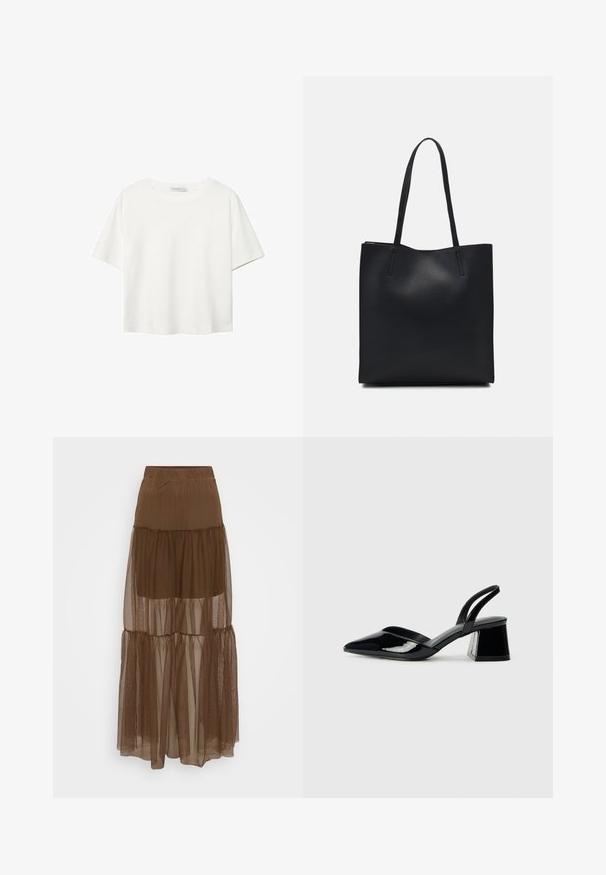 Weißes T-Shirt mit kurzen Ärmeln aus Baumwolle. Hat einen Rundhalsausschnitt und eine lockere Passform. Glatte Textur ohne sichtbare Muster oder Akzente.; Brauner gestufter Rock mit einem strukturierten Mesh-Overlay und elastischem Bund. Verfügt über drei Lagen aus transparenter Stoff, die eine leicht fallende Silhouette bieten.; Schwarze Lackleder-Slingback-High Heels mit spitzem Schuh und einem geometrischen Blockabsatz. Verfügt über ein schlankes, minimalistisches Design und eine glatte Textur.; Schwarze Laptoptasche aus Leder mit glatter Textur, rechteckiger Form und zwei langen Griffen. Keine sichtbaren Beschläge oder Verzierungen.